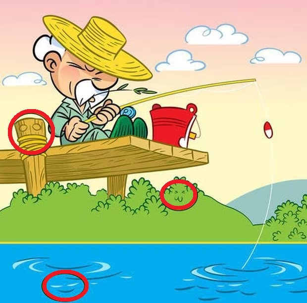 Desafio visual com desenho de um senhor pescando em um píer de madeira, com balde vermelho ao lado.