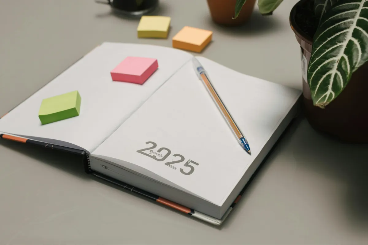 Agenda aberta com ano de 2025, post-its coloridos e uma caneta.