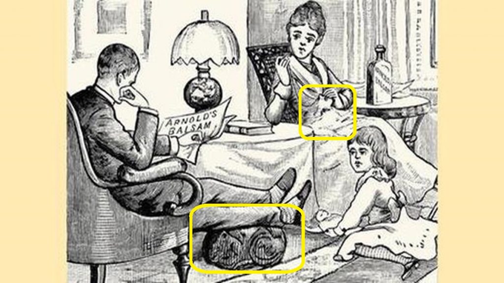 Solução da ilusão de ótica com uma ilustração antiga em preto e branco mostrando um homem lendo jornal, uma mulher sentada e uma criança, com dois gatos camuflados sob a mesa