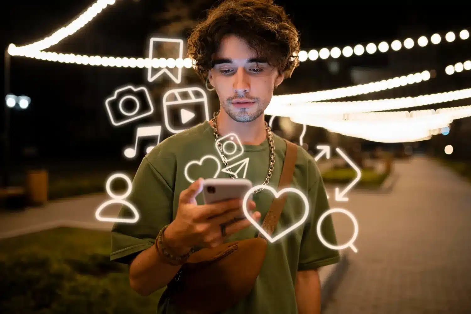 Jovem olhando para o celular com ícones digitais de redes sociais flutuando ao redor, representando escolhas entre WhatsApp e Instagram