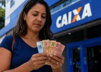Mulher confere cédulas de reais em frente a uma agência da Caixa, representando o início dos pagamentos do Bolsa Família de julho.