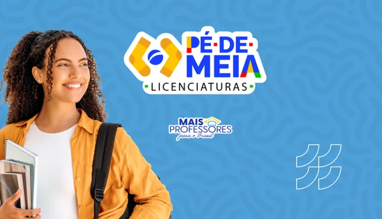 Imagem do programa Pé-de-Meia Licenciaturas, com uma jovem sorrindo e segurando livros, representando oportunidades para futuros professores.