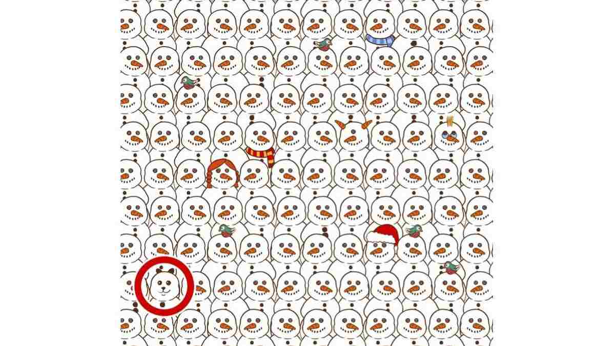 Resposta do desafio visual - Veja onde está o panda entre os bonecos de neve. Fonte: Jagran Josh.