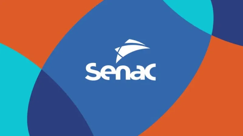 Logo do SENAC em fundo colorido com informações sobre cursos gratuitos