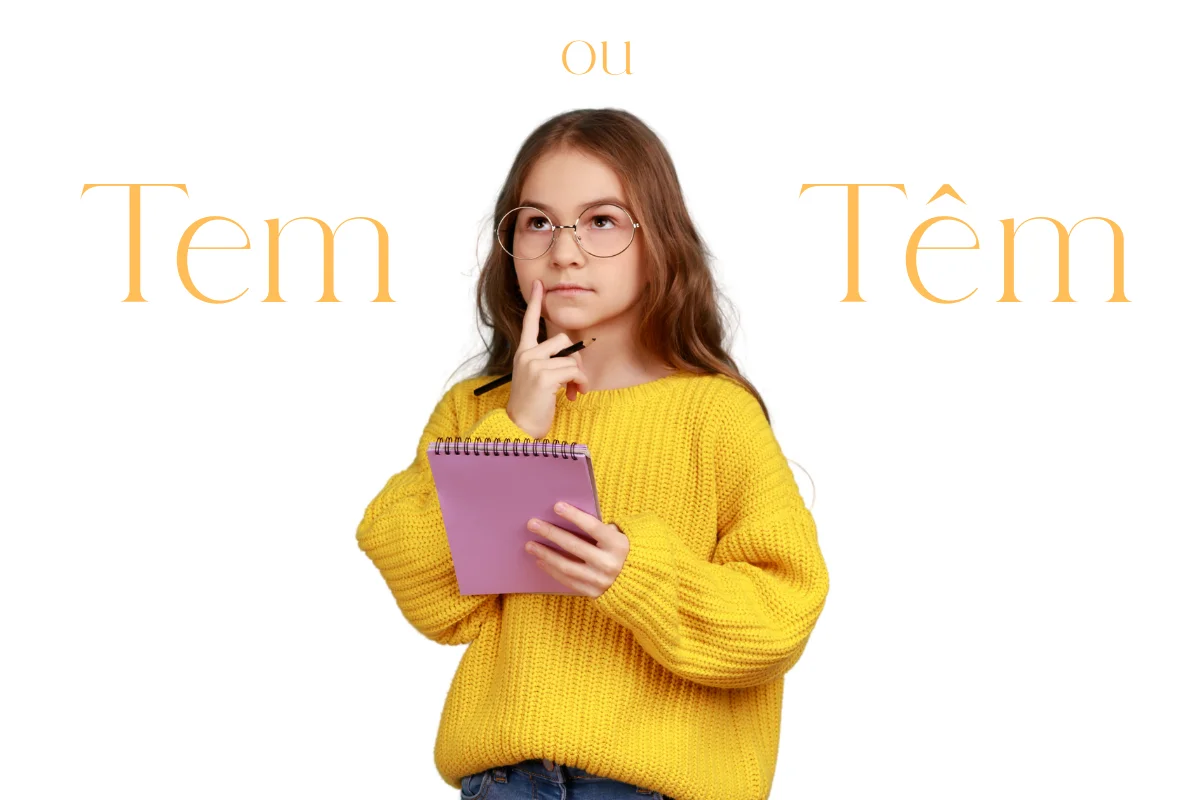 Menina pensando, com um caderno na mão, sobre a diferença entre 'tem' e 'têm',