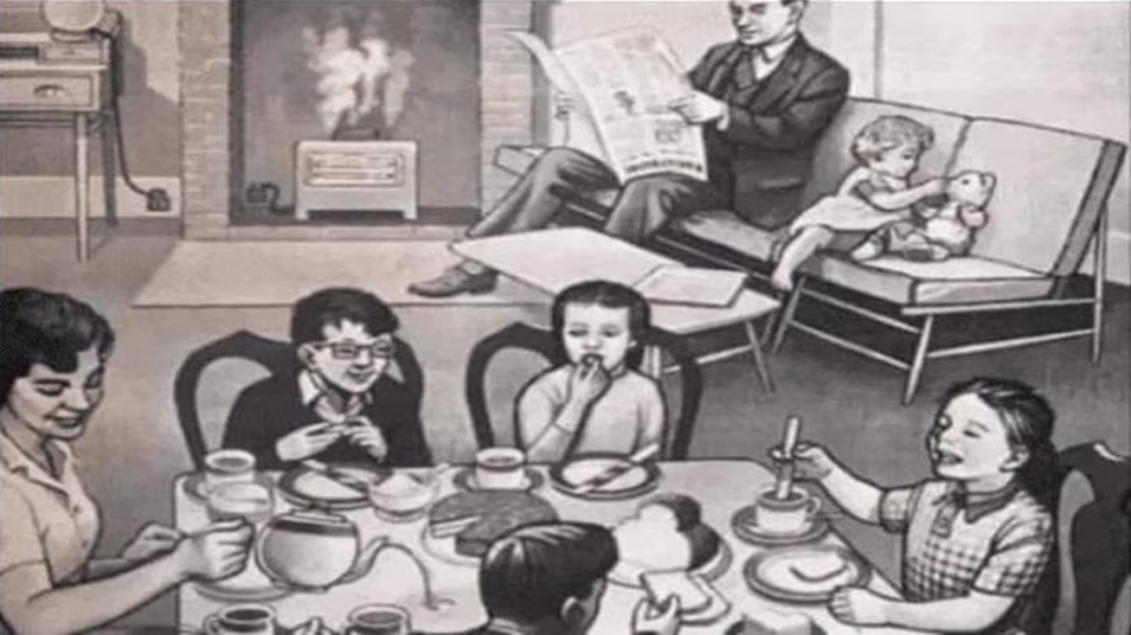 Família reunida em cena retrô com erro visual escondido