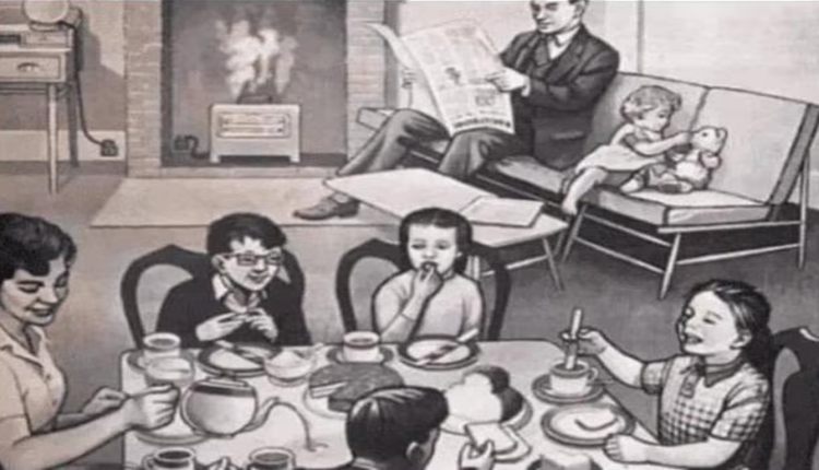Teste de QI família reunida em cena retrô com erro visual escondido