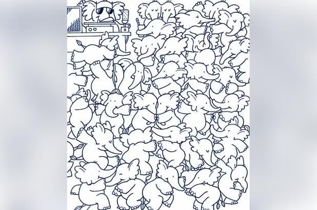 Desenho em preto e branco de dezenas de elefantes desenhados lado a lado, com um locutor no canto superior esquerdo.
