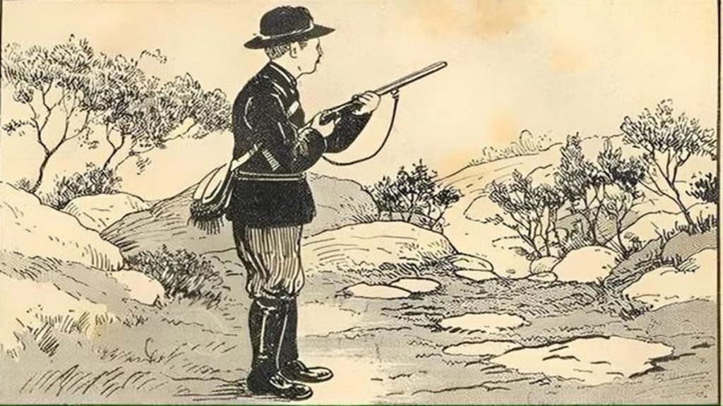 Teste de QI com uma ilustração antiga de um caçador com uma espingarda observando a paisagem ao seu redor.