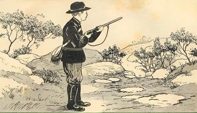 Teste de QI com uma ilustração antiga de um caçador com uma espingarda observando a paisagem ao seu redor.