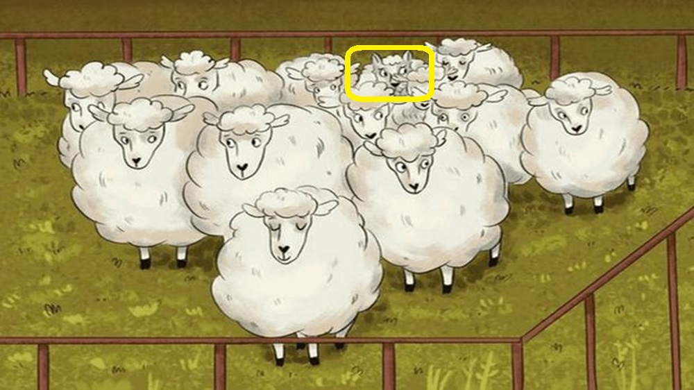 Solução do teste de QI com desenho de várias ovelhas em um cercado, com um lobo disfarçado escondido entre elas.