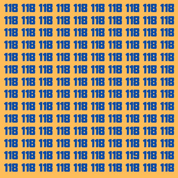 Imagem com vários números '118', onde um número é diferente, criando um desafio visual para encontrar o número '119'.