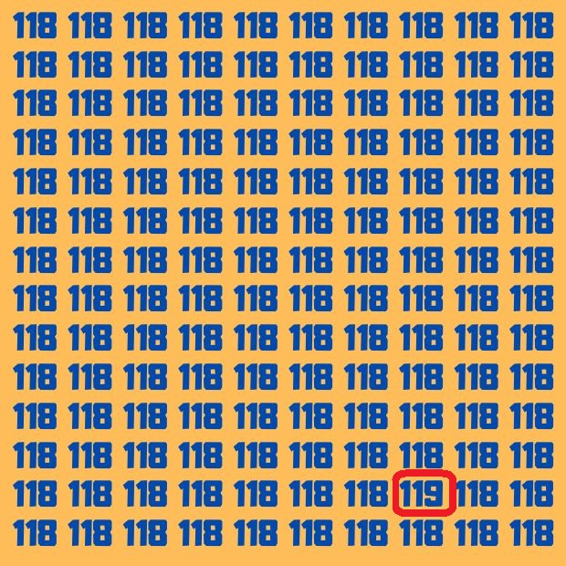 Solução do teste de QI com vários números '118', onde um número é diferente, criando um desafio visual para encontrar o número '119'