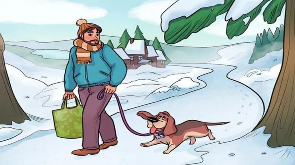 Teste de QI de um homem com cachorro passeando na neve em dia de inverno