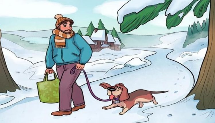 Teste de QI de um homem com cachorro passeando na neve em dia de inverno