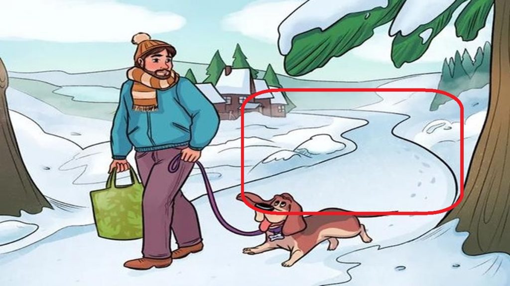 Teste de QI de um homem com cachorro passeando na neve em dia de inverno