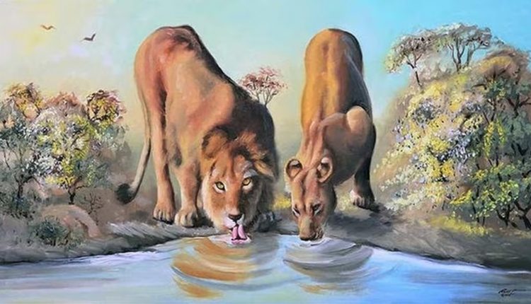 Teste de QI com uma ilustração artística de dois leões bebendo água em um rio, com vegetação ao fundo e céu azul.