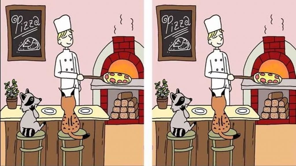 Desenho de um pizzaiolo servindo pizza para dois animais em um desafio visual de encontrar as diferenças.