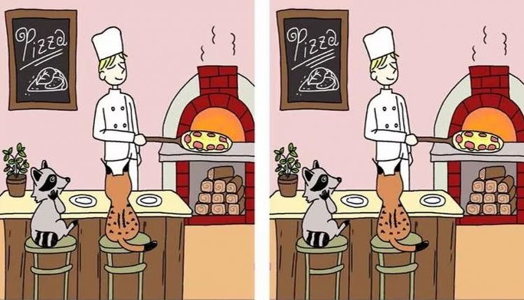 Teste de QI com desenho de um pizzaiolo servindo pizza para dois animais em um desafio visual de encontrar as diferenças.