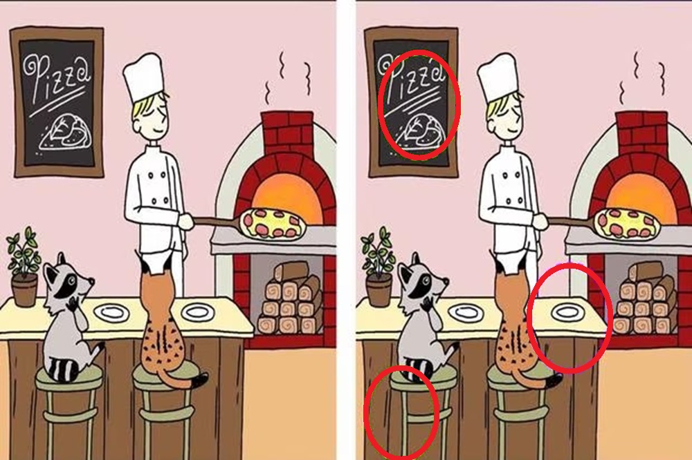Solução do teste de QI com desenho de um pizzaiolo servindo pizza para dois animais em um desafio visual de encontrar as diferenças.