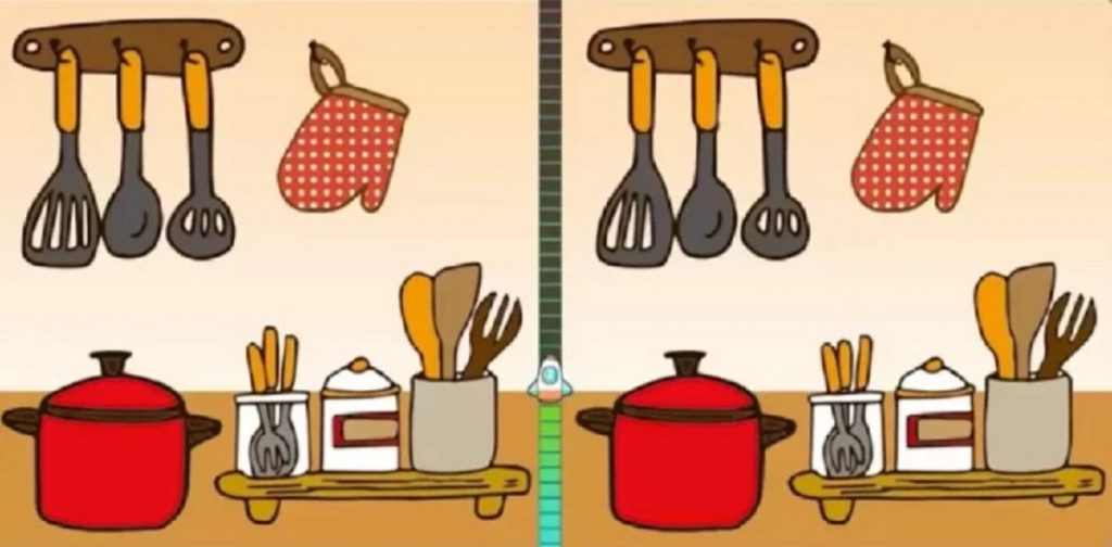 Teste de QI com imagem de um jogo de encontrar as diferenças em uma cozinha, com três erros entre as imagens.