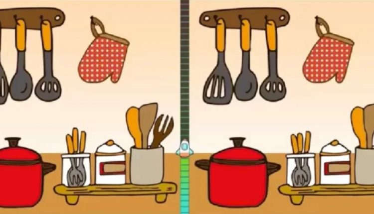 Teste de QI com imagem de um jogo de encontrar as diferenças em uma cozinha, com três erros entre as imagens.