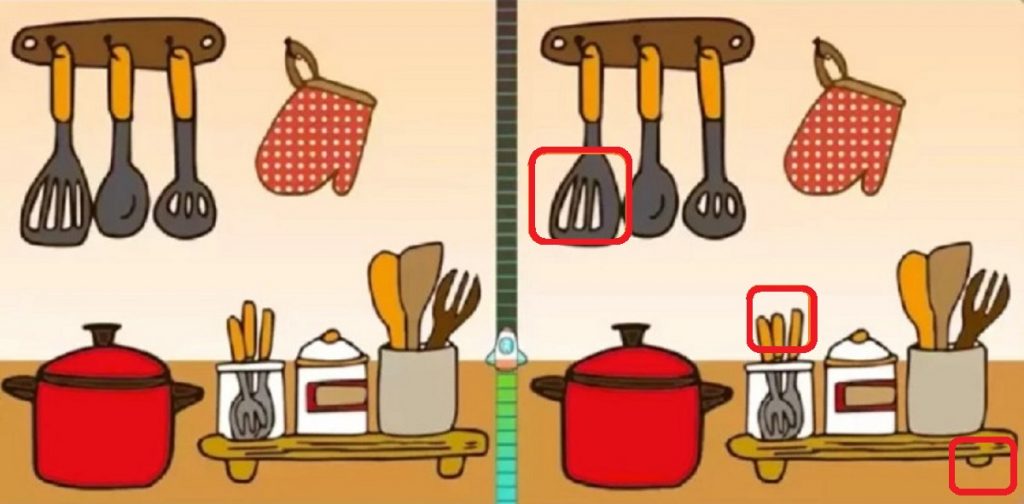 Teste de QI com imagem de um jogo de encontrar as diferenças em uma cozinha, com três erros entre as imagens.