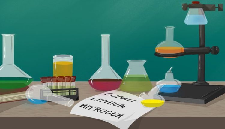 Teste de QI com uma mesa de laboratório com vidraria e elementos químicos: Cobalto, Lítio, Nitrogênio