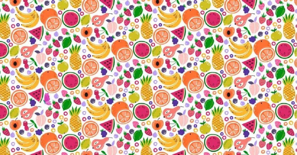 Teste visual com várias frutas como melancia, abacaxi, laranja, banana, maçã e flores, com uma borboleta escondida.