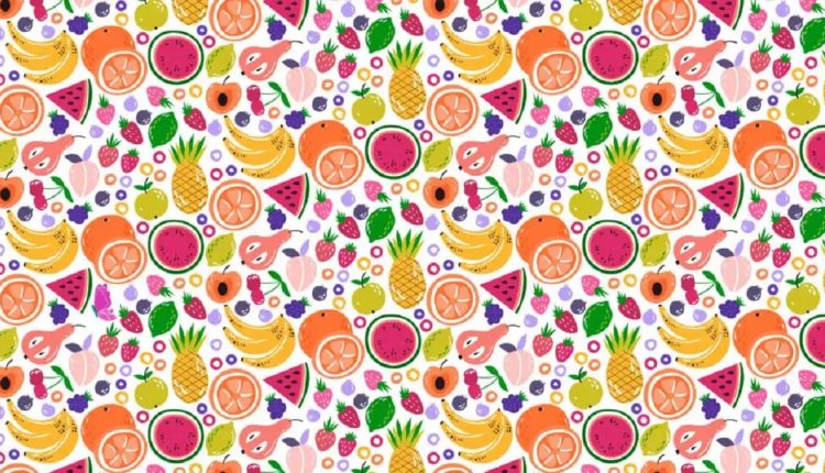Teste visual com várias frutas como melancia, abacaxi, laranja, banana, maçã e flores, com uma borboleta escondida.