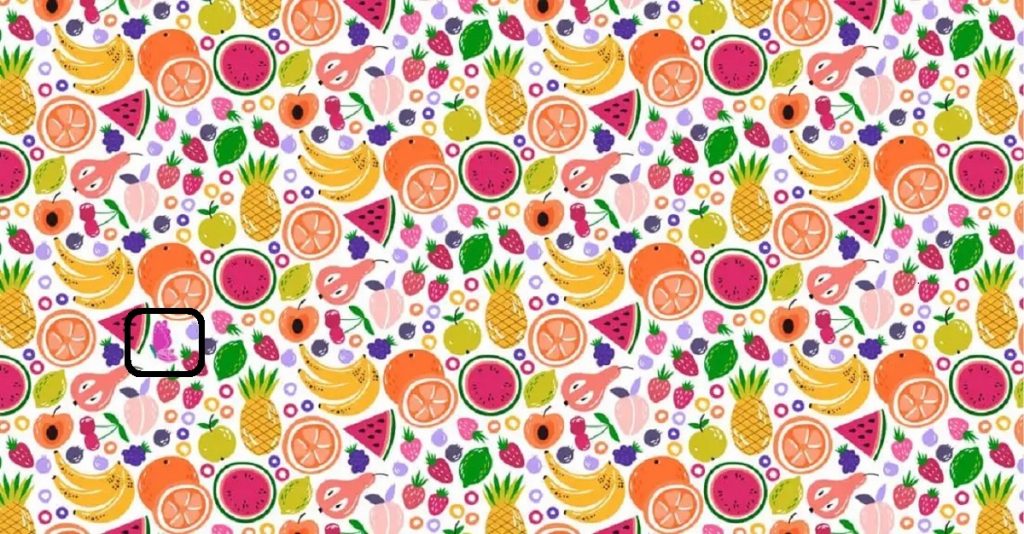 Teste visual com várias frutas como melancia, abacaxi, laranja, banana, maçã e flores, com uma borboleta escondida.