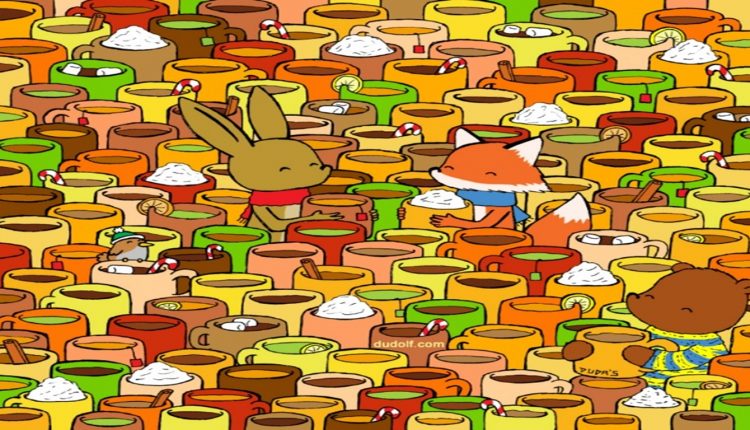 Teste visual com vários animais e canecas coloridas em um desafio de encontrar a caneca vazia