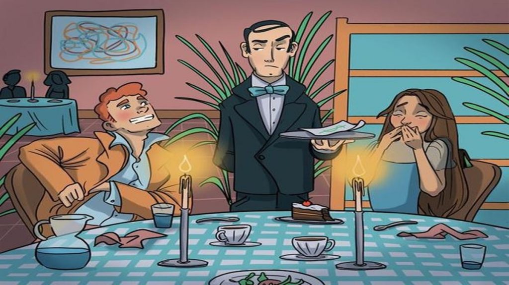 Teste visual com uma ilustração de um jantar à luz de velas com um garçom observando e um casal sentado na mesa