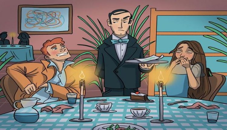 Teste visual com uma ilustração de um jantar à luz de velas com um garçom observando e um casal sentado na mesa