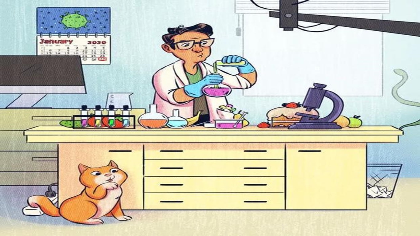 Teste visual com uma ilustração de um laboratório com cientista, objetos fora de contexto e um gato curioso.