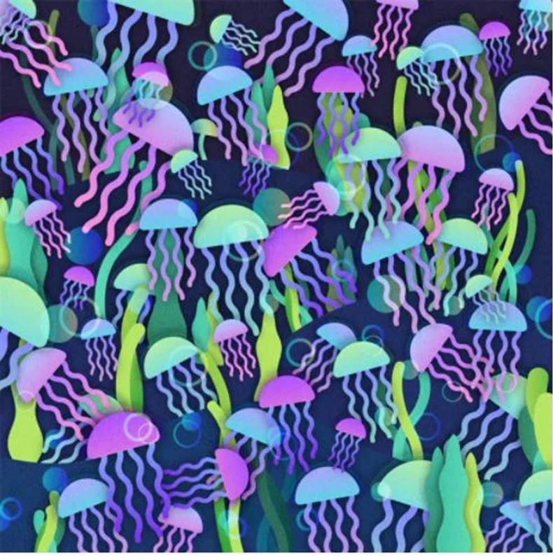 Teste visual com imagem vibrante de várias águas-vivas coloridas flutuando em um fundo escuro e um cogumelo escondido entre as águas-vivas.