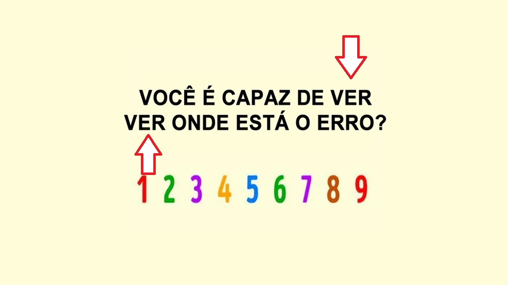 Solução do teste visual com a frase "Você é capaz de ver onde está o erro?" e uma sequência colorida de números de 1 a 9.
