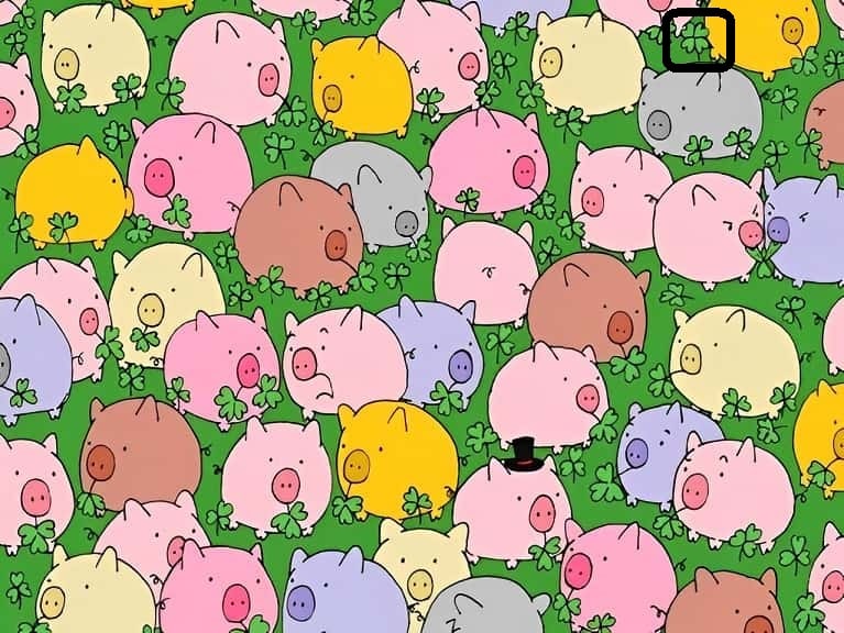 Solução do teste visual com porquinhos coloridos e trevos escondidos em fundo verde
