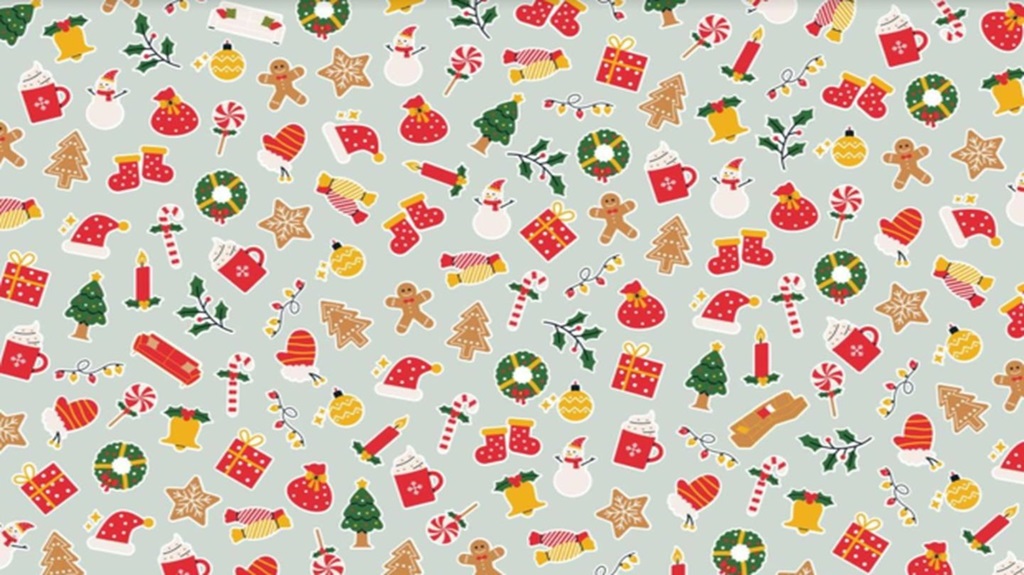Teste visual com padrão de ícones natalinos coloridos com presentes, árvores, biscoitos e enfeites