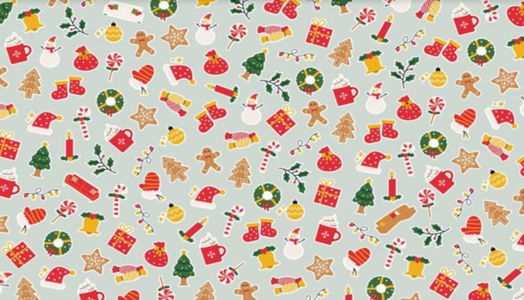 Teste visual com padrão de ícones natalinos coloridos com presentes, árvores, biscoitos e enfeites