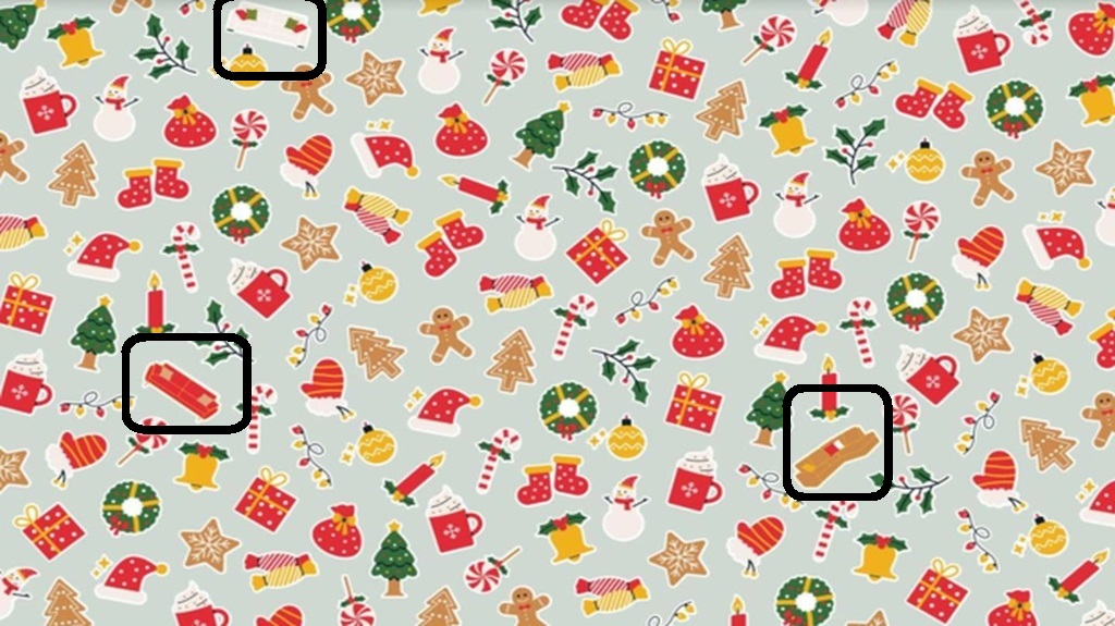 Teste visual com padrão de ícones natalinos coloridos com presentes, árvores, biscoitos e enfeites
