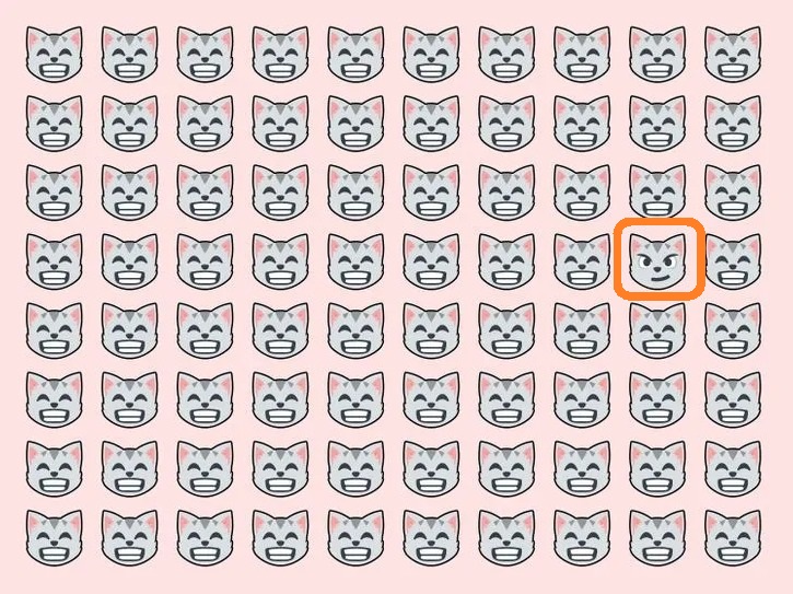 Solução do teste visual com diversos rostos de gatos sorrindo e apenas um com expressão diferente sobre fundo rosa.