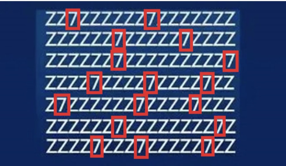 Solução do teste visual com imagem de um padrão com várias letras 'Z', onde existes vários 7. Um desafio visual de identificação.