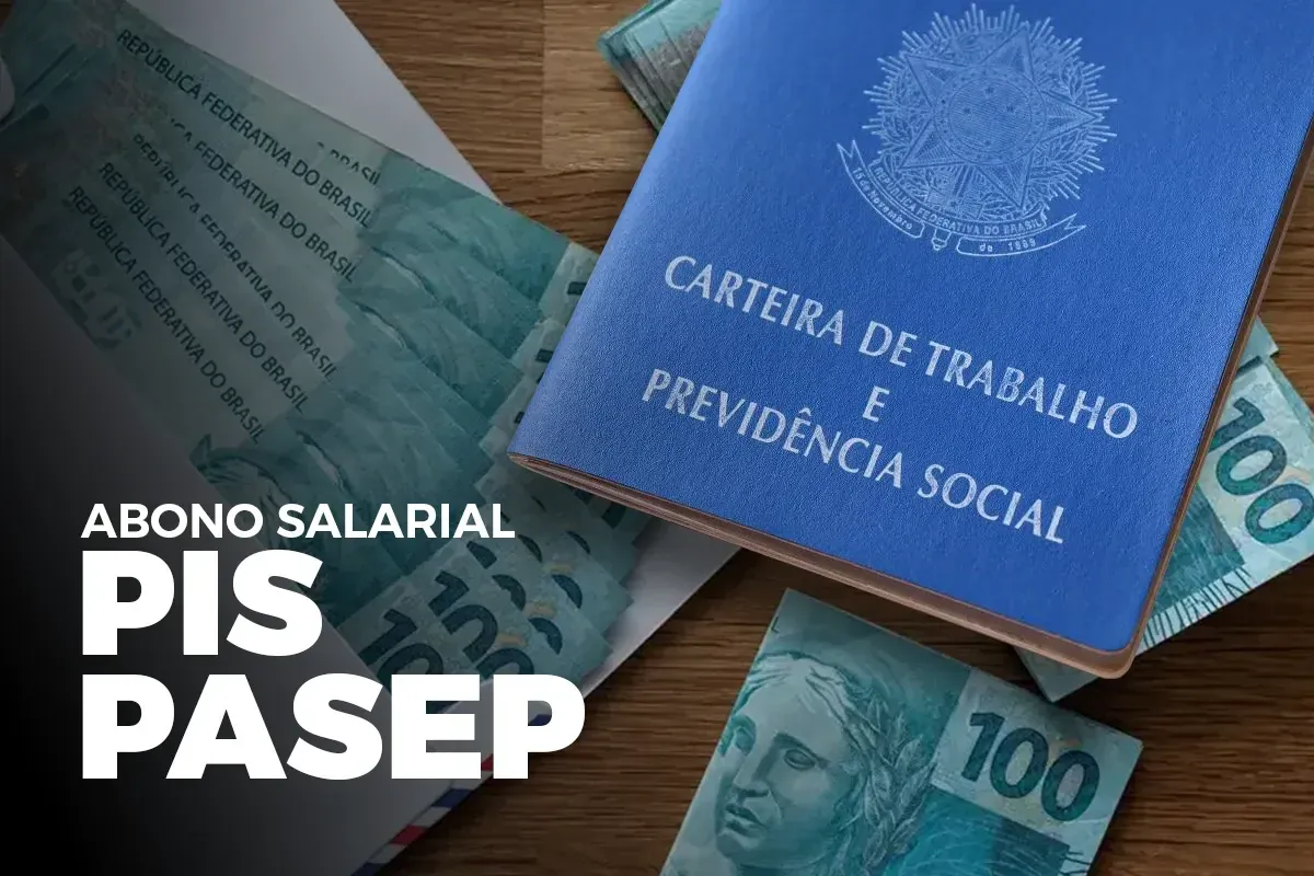 Imagem de notas de R$ 100 e uma carteira de trabalho, ilustrando o abono salarial PIS/Pasep para trabalhadores brasileiros.