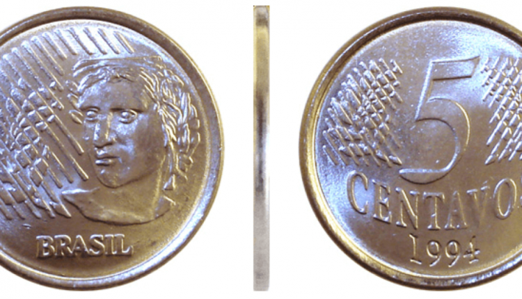 Moeda de 5 centavos do plano real de 1994 – anverso, reverso e lateral