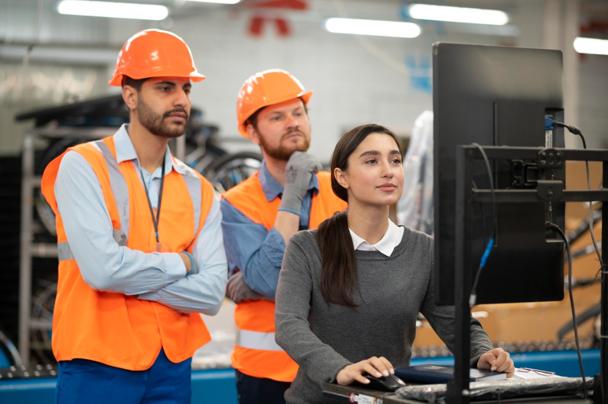 Trabalhadores de segurança industrial em uma planta, simbolizando o ambiente de aprendizagem e os conhecimentos práticos adquiridos durante o curso.