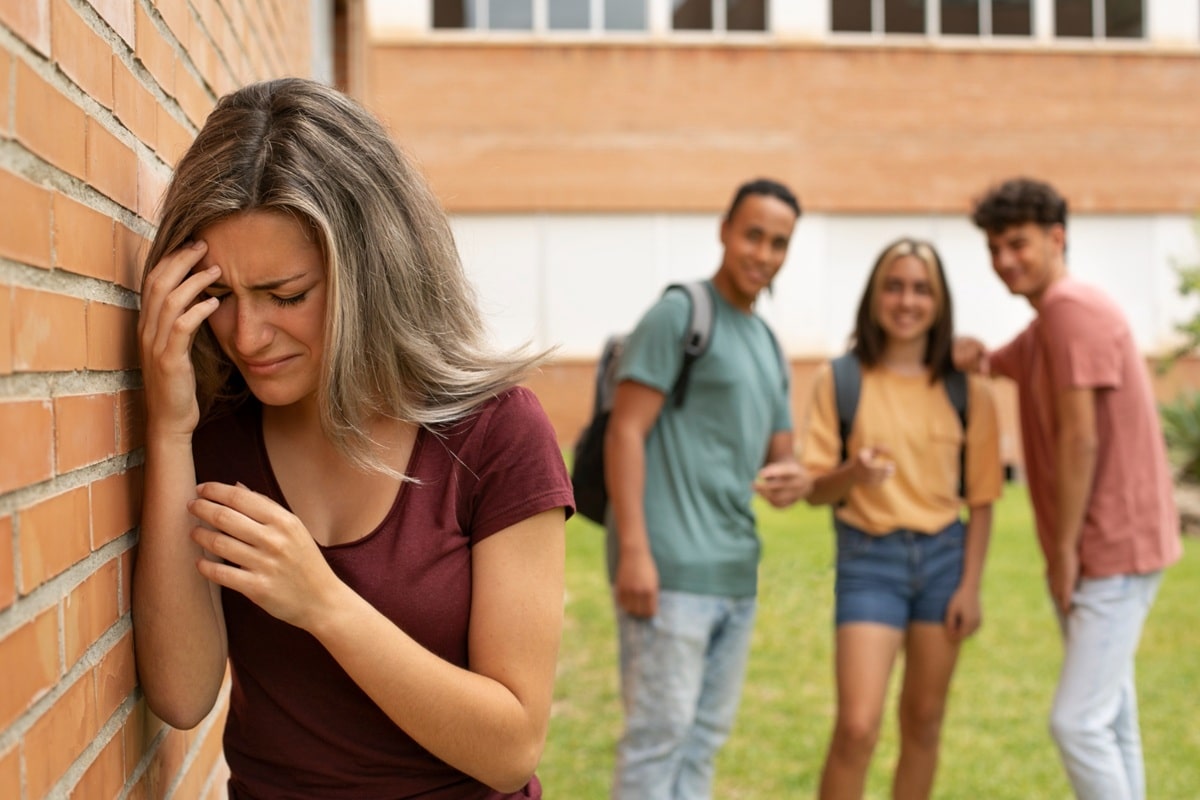 Jovem se sentindo triste devido ao bullying, com outros colegas ao fundo