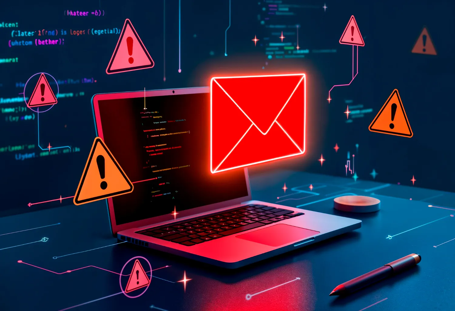 Imagem conceitual de alerta de golpe online, com ícones de aviso e e-mail, representando a ameaça de fraudes digitais.