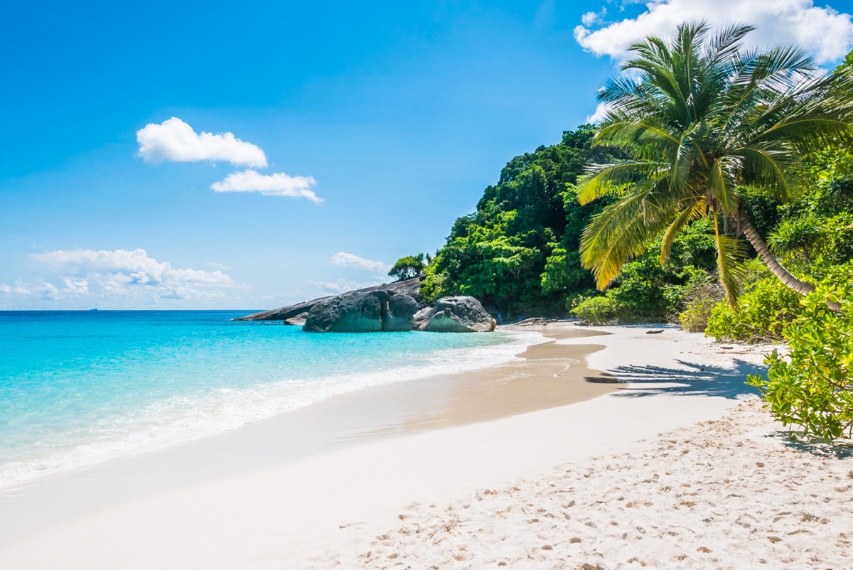 Praia paradisíaca com águas cristalinas e céu claro.