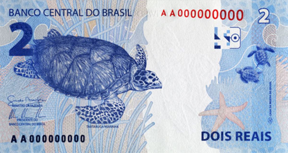Cédula de 2 reais com tartaruga marinha da segunda família do real